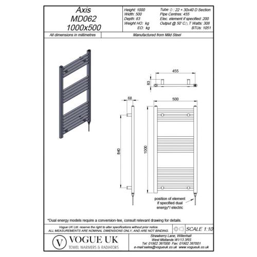 Vogue Axis 1000 x 500mm Straight Ladder Towel Rail Heating Only Chrome 1051BTU MD062 MS10050CP